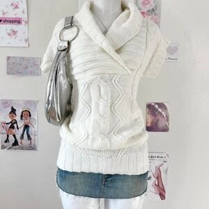 Streetwear Society Y2K White Cable Knit Cowl Neck Short Sleeve Sweater Size L